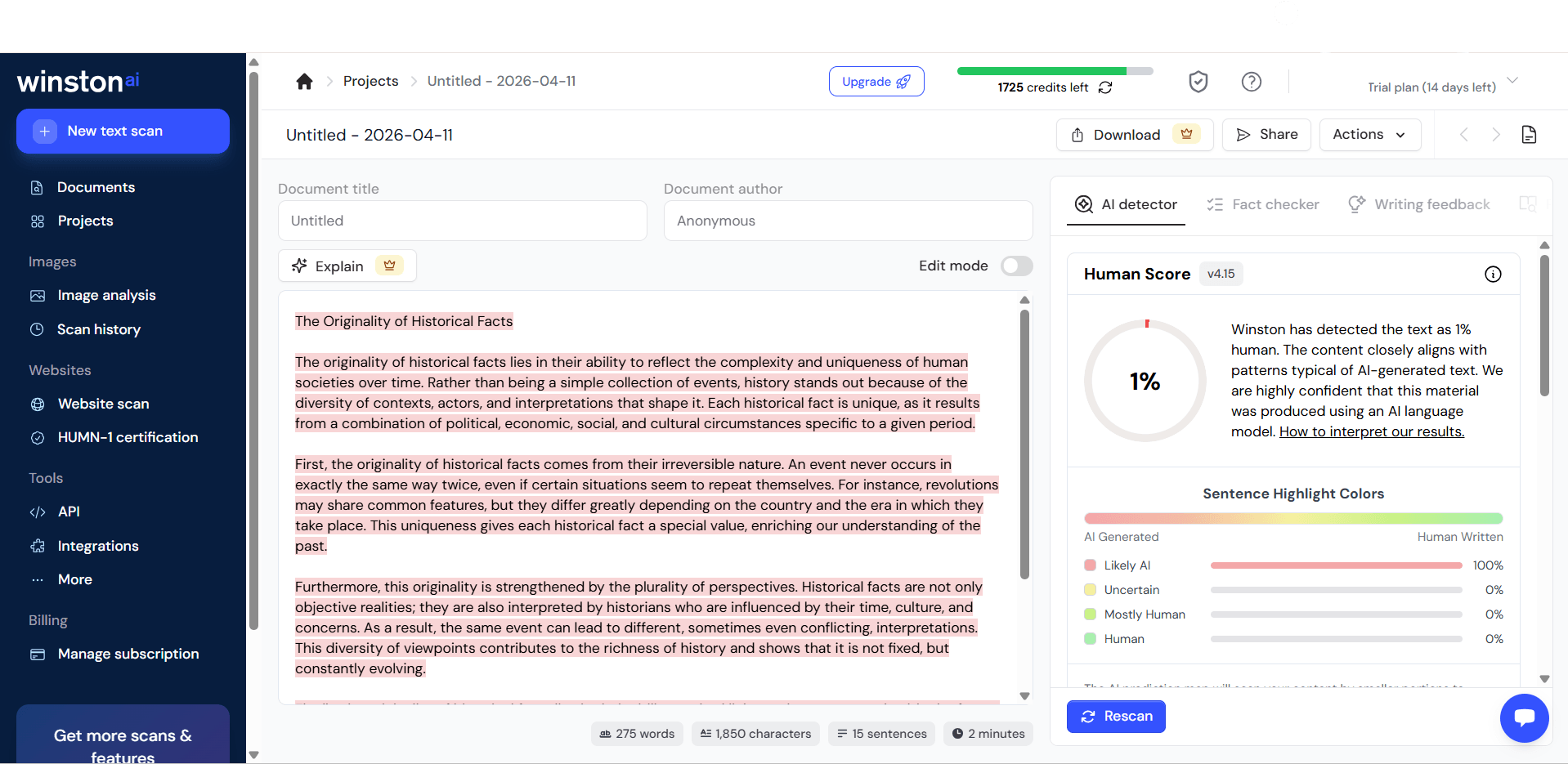 winston ai scanning ai written text