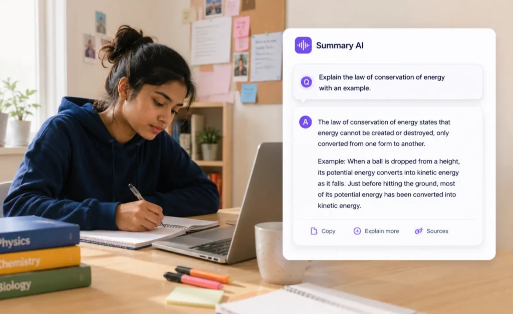 Student using Summary AI to get homework help and understand a physics question with an instant AI-generated answer.