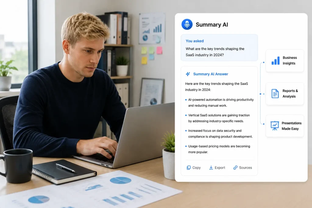 Business professional using Summary AI to research industry trends, generate insights, and create reports for smarter business decisions.