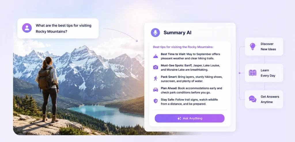 Traveler using Summary AI to get travel advice and answers about visiting the Rocky Mountains, with AI-generated recommendations and planning tips.