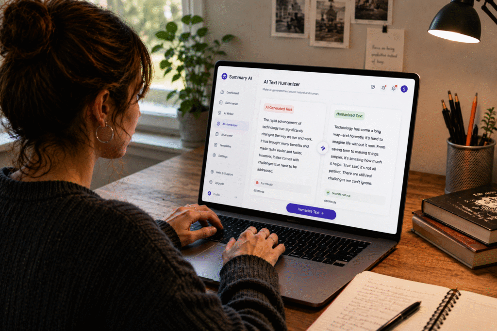 Creative writer using Summary AI Text Humanizer on a laptop to transform AI-generated content into natural, human-sounding writing in a modern home office workspace.