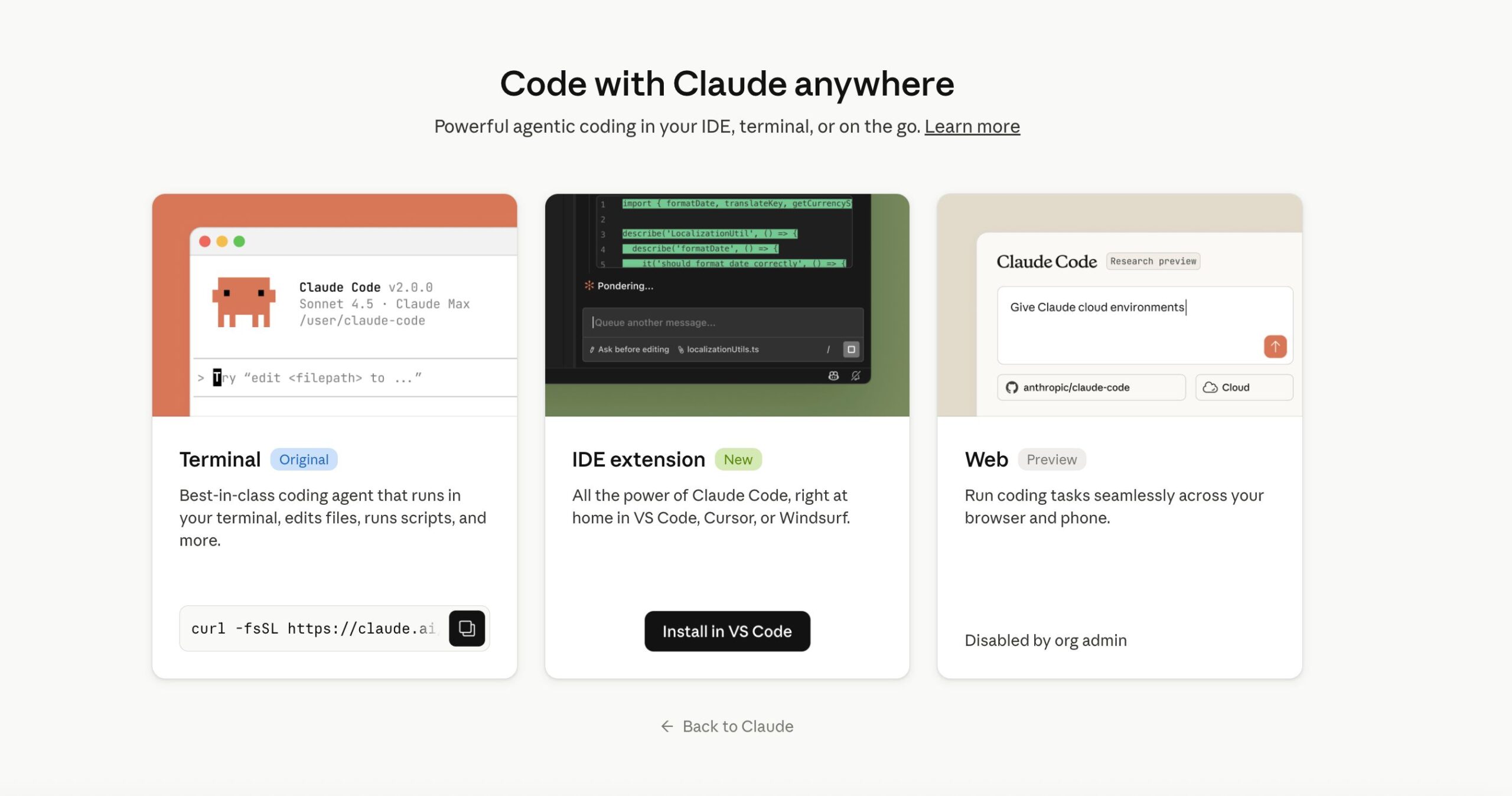 website with setup options for claude code