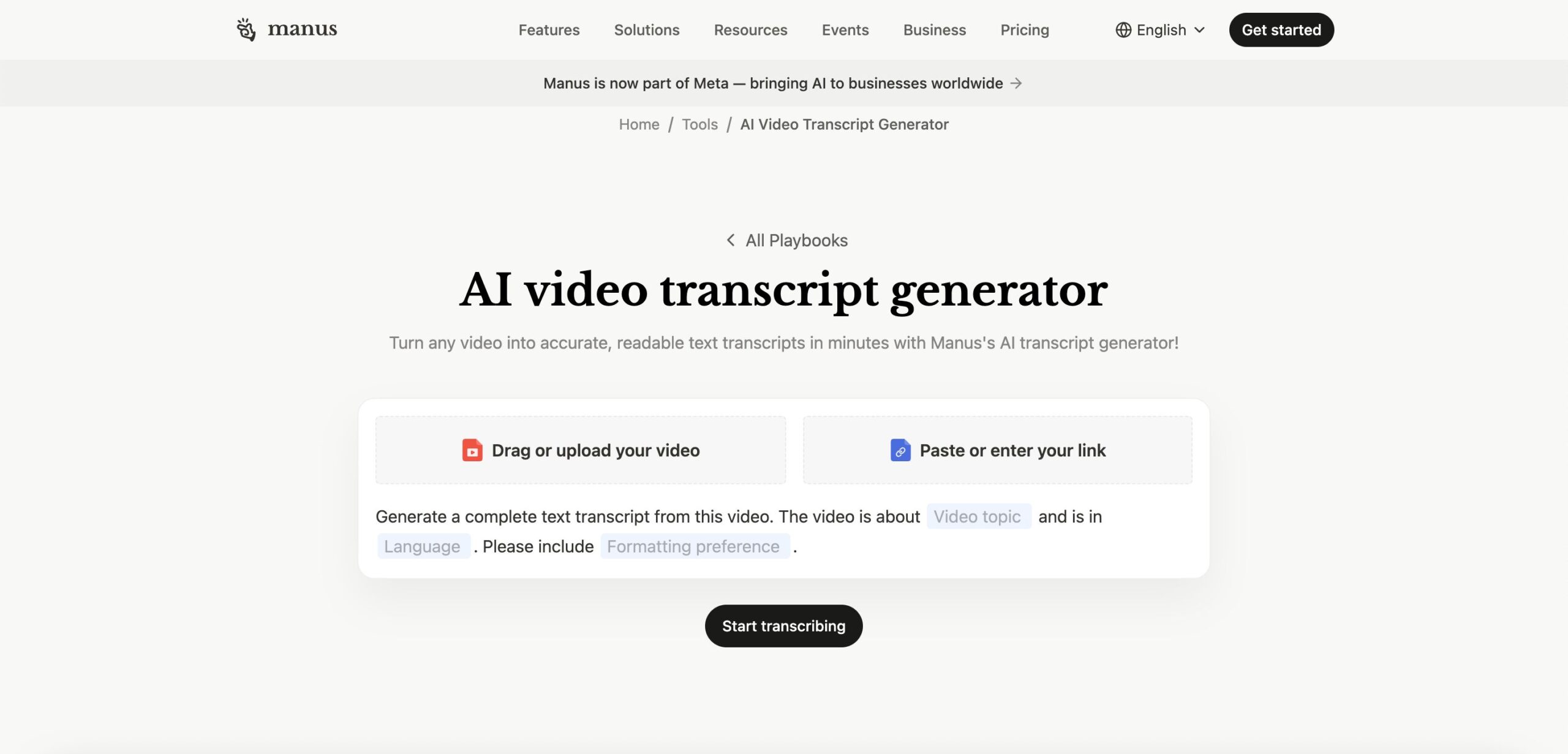 website of manus online video transcript maker