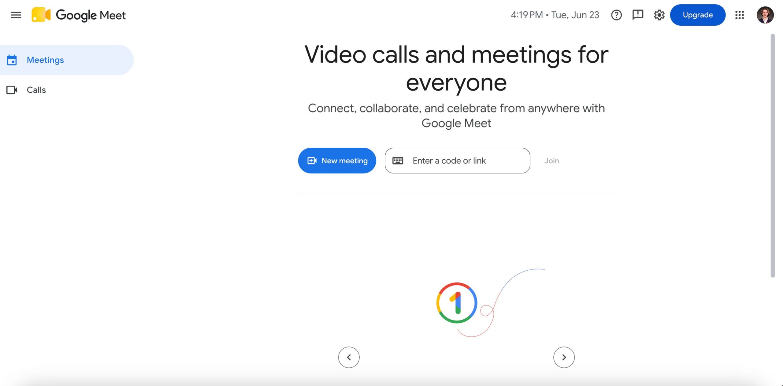 menu to set up google meet from app